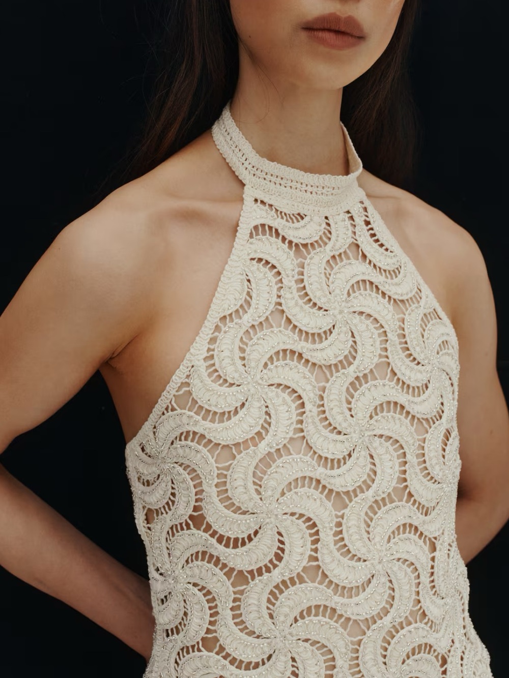 H&M NWT CREAM BEADED CROCHET-LOOK HALTERNECK TOP
